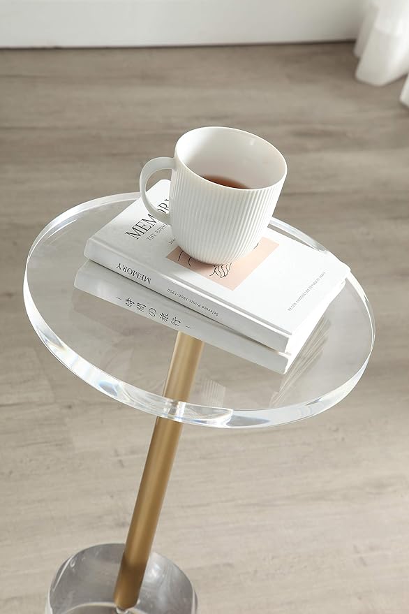 Clear Acrylic End Table,Side Table,Brushed Brass Metal,Round,for Office, Living Room and Bedroom,Easy Assembly,12x12 inch，21.3 inch high-Ruum Studio Home