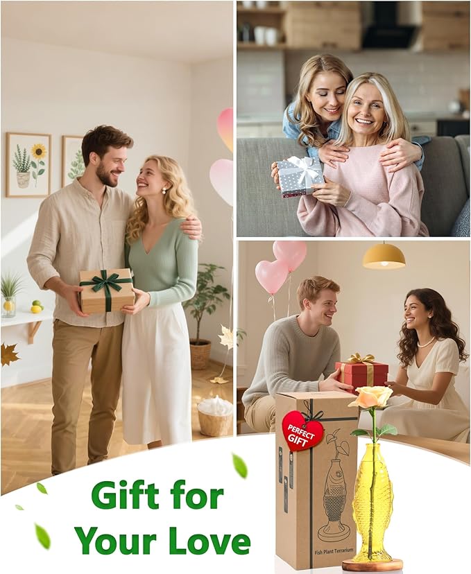 Nacome Fish Vase Glass Plant Terrarium with Wooden Stand,Planter Propagation Station for Home Office Hydroponics Desk Decoration,Unique Gardening Gifts for Plant Lovers Women Mom(Yellow)-Ruum Studio Home