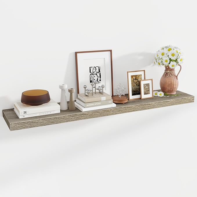 55 Inch Floating Shelves, 12 Inch Deep Floating Shelves for Wall, Floating Shelf with Invisible Brackets, Deep Shelves for Bathroom, Bedroom, Living Room, 1 Pack, Grey-Ruum Studio Home