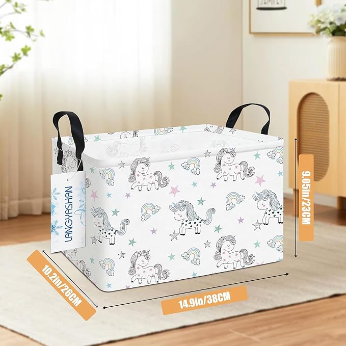 LANGYASHAN Rectangular Storage Bin Collapse Canvas Fabric Cartoon Storage Basket with Handles for Organizing Home Kitchen Boys and Girls Toys Office Closet Shelf Baskets (Rec Rainbow Unicorn)-Ruum Studio Home