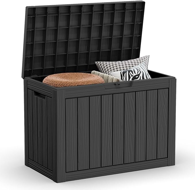 45 Gallon Resin Deck Box, Waterproof Outdoor Storage Bin for Patio, Poolside, and Garden, Lockable & UV-Resistant, Ideal for Small Spaces, Black-Ruum Studio Home