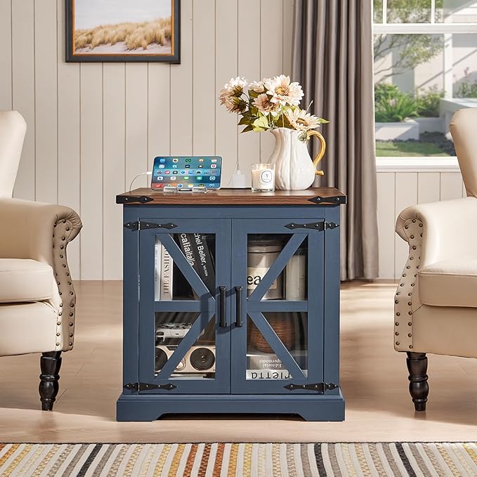 Farmhouse End Table Set of 2 with Charging Station, 24" Large Sofa Side Table with Glass Barn Door, Night Stand with Adjustable Shelf, Wood Nightstand, Square Bed Side Table for Living Room,Bedroom-Ruum Studio Home