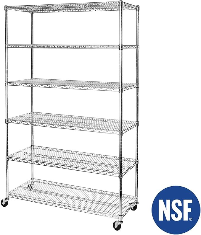Seville Classics UltraDurable Heavy Duty NSF Solid Steel Wire Rack Storage Unit Wheels, 6-Tier Shelving, 48" W x 18" D-Ruum Studio Home