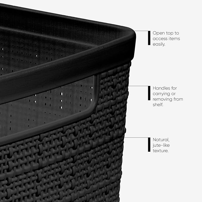 Curver Set of 8 Jute Slim Decorative Plastic Organization and Storage Baskets, Perfect Bins for Home Office, Closet Shelves, Kitchen Pantry and All Bedroom Essentials, Black-Ruum Studio Home
