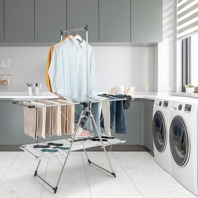 Tangkula Foldable Clothes Drying Rack, 2-Tier Laundry Drying Rack w/Tall Hanging Bar, Height Adjustable Gullwing, Freestanding Garment Stand for Indoor Outdoor Use-Ruum Studio Home