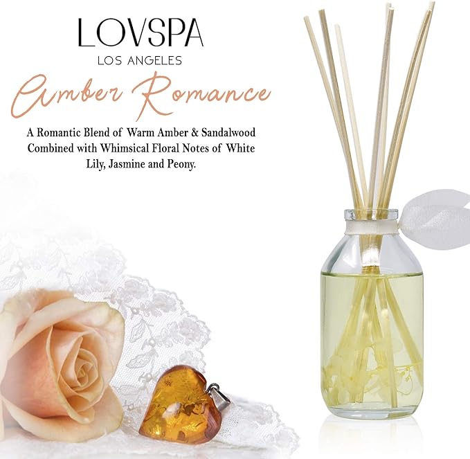 LOVSPA Reed Diffuser Set, Amber Romance Scented Oil Diffuser with Sticks, Home Fragrance Accessories for Bathroom Shelf Decor, Aroma Diffusers for Home or Office Fall Decor, USA Made-Ruum Studio Home