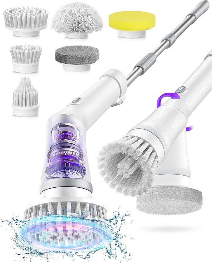 Electric Spin Scrubber, Cordless Shower Scrubber Rotary Floor Brushes & Pad Drivers with 6 Brush Heads - 2H Dual Speed, IPX7 Waterproof Extension Handle for Bathroom Tile Car Cleaning (White)-Ruum Studio Home