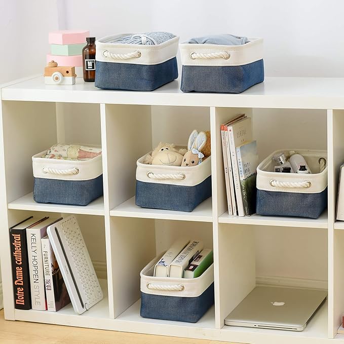 Storage Basket for Organizing - 12x8x5.2 inch Small 6 Pack Fabric Storage Bin Collapsible Baskets for Shelves with Rope, Storage Box for Cloth Decorative Laundry Canvas(White & Blue)-Ruum Studio Home