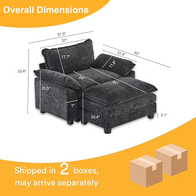 Karl home Oversized Accent Chair Chenille Sofa with Chaise, Modern Sofa Chair with Removable Ottoman Modular 1-Seater Couch and 2-Layer Ottoman for Living Room, Apartment, Studio, Black-Ruum Studio Home