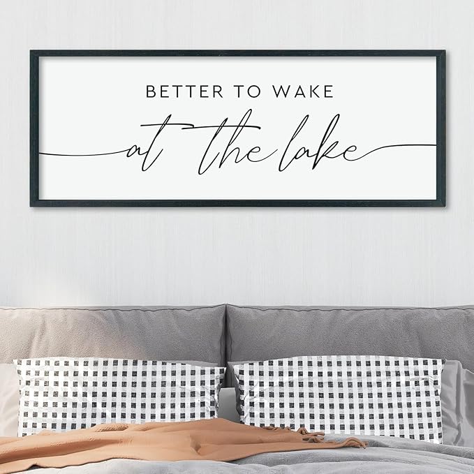 LuZhiQiang Better To Wake At The Lake Above Bed Wall Decor 40"×15" for Lake House Bedroom Over Bed Sign Wood Framed Large Wall Hanging Art (Black)-Ruum Studio Home