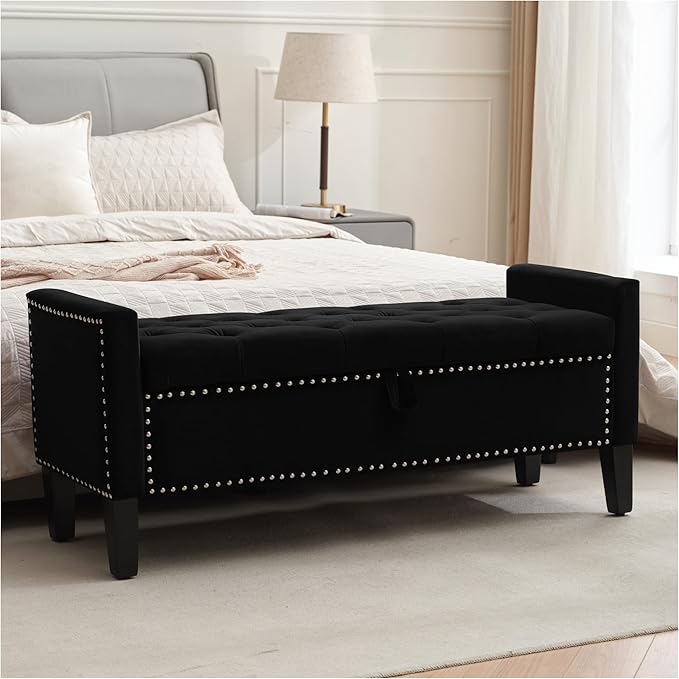 Storage Ottoman Bench, Velvet Upholstered Footstool for Bedroom and Living Room, Tufted Seat with Storage, Wooden Legs & Metal Rivets, Black-Ruum Studio Home