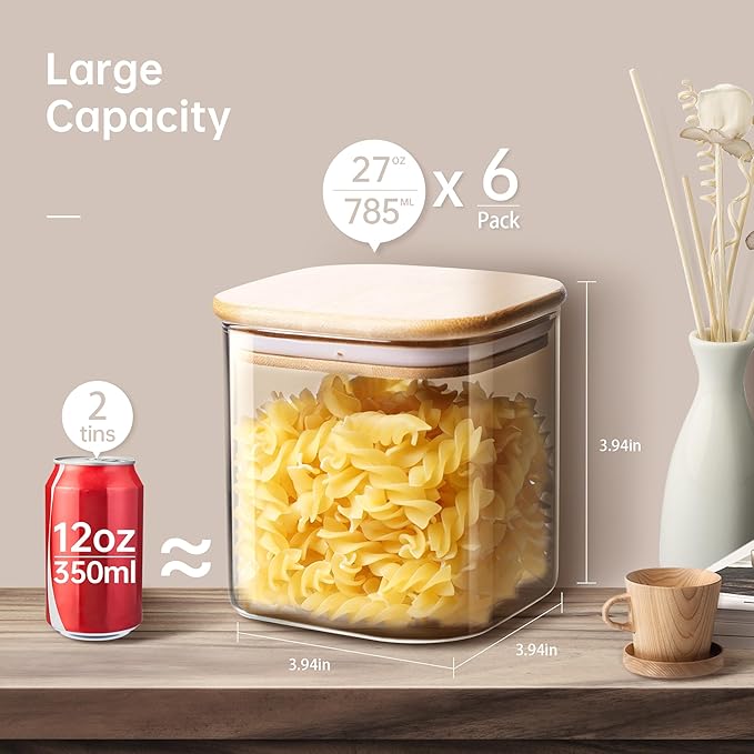 Square Glass Jars with Bamboo Lids 27 FL OZ [Set of 6], Glass Canisters with Airtight Lids, Glass Food Storage Containers for Coffee, Sugar, Tea, Candies, Cookies,Best for Kitchen & Pantry-Ruum Studio Home