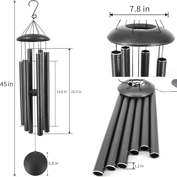 ASTARIN Wind Chimes Outdoor, 45-Inch Memorial Wind Chimes with 6 Heavy Tubes, Unique Outdoor Decor, Sympathy Gifts, Black Grey-Ruum Studio Home