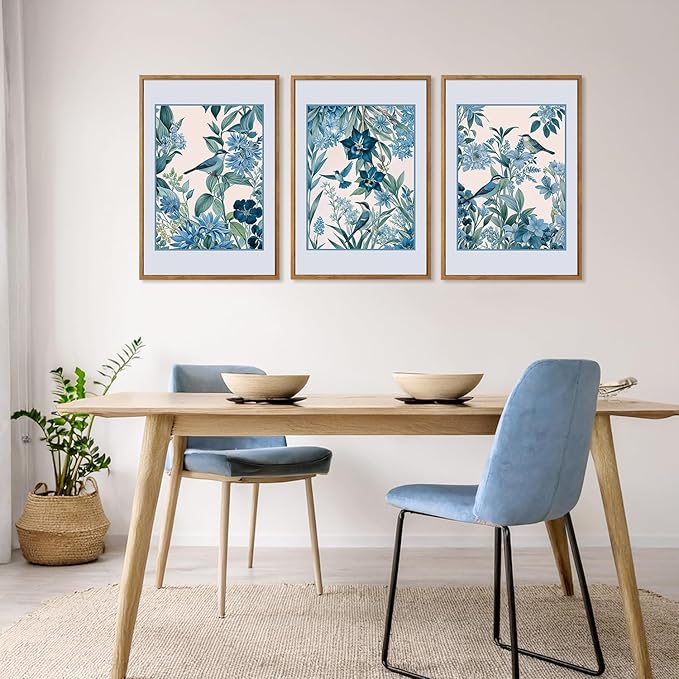 Aurlan Vintage Blue Birds and Botanical Framed Wall Art(16"x24"), 3PCS Classic Chinoiserie Audubon Bird Canvas Artwork, Large Abstract Watercolor Flowers Floral Home Decor for Bedroom Living Room-Ruum Studio Home