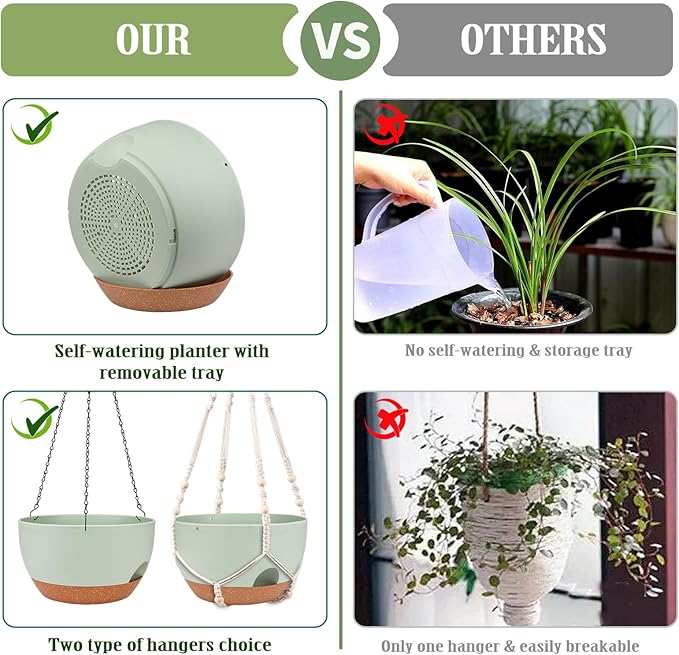 Hanging Planters for Outdoor Indoor Plants, 2 Pack 12 Inch Hanging Basket Plants Outdoor, Self Watering Hanging Planter with Plant Hanger for Garden Home Decoration (Green)-Ruum Studio Home