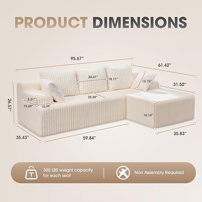 Hobestluk 96“ Modular Sectional Sofa Couches L-Shape Couch 3 Seat Modular Sofa Memory Foam Sectional Couches for Living Room, Cloud Couch with Oversized Chaise (White, Stripe (Right Facing Chaise))-Ruum Studio Home