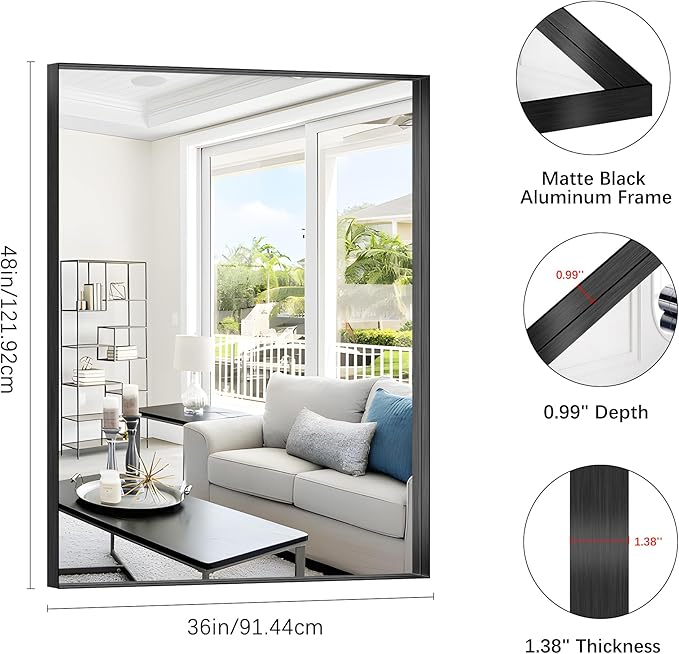 Black Bathroom Mirror, 36x48 Inch Rectangular Deep Frame Mirror, Large Wall Mounted Bathroom Vanity Mirror Over Sink for Bedroom,Restroom, Living Room, Hangs Vertically or Horizontally-Ruum Studio Home