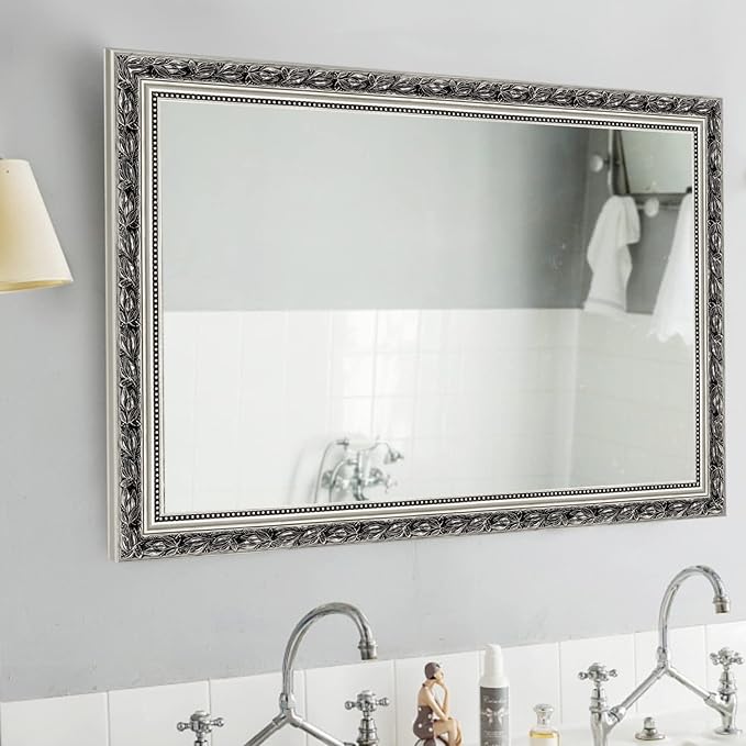 Bathroom Wall Mirror, Decorate Bathroom Mirrors for Wall, Rectangle Modern Bathroom Wall Mounted Mirror Vertical or Horizontal Hanging for Living Room (Silver Frame 32''x24'')-Ruum Studio Home