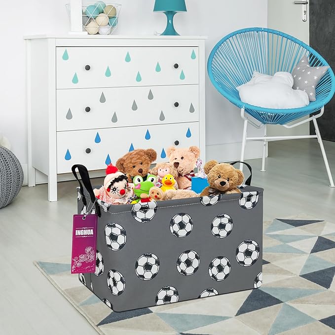 Rectangular Storage Basket Fabric Organizer Bin for Toys,Books,Clothes,Gifts,Pets-Perfect for Home,Office,Nursery,Dorm,Shelf(Rec-grey football )-Ruum Studio Home