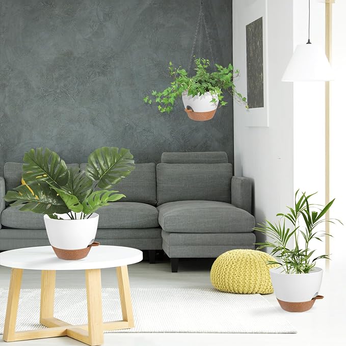 Hanging Planters for Indoor Outdoor Plants, 1 Set Self Watering Hanging Pot with Drainage Holes & Removable Tray (White-12inch, 12'')-Ruum Studio Home