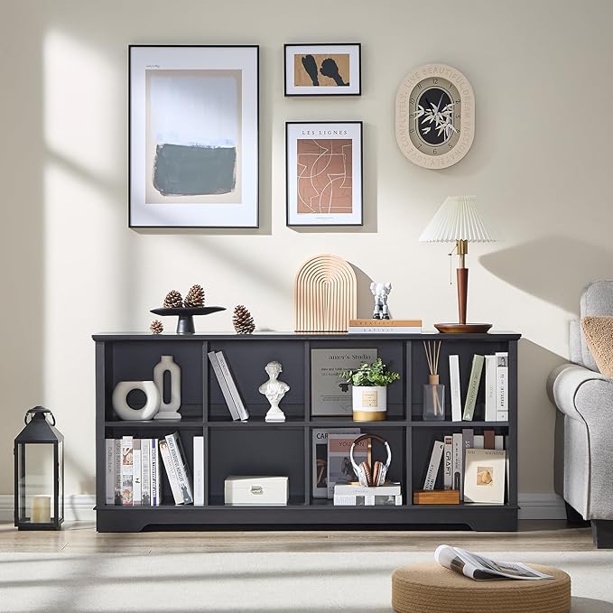 Farmhouse 8 Cube Bookshelf, Black Storage Organizer Bookcase, Kids Toy Storage Cabinet, Long Bookshelves Storage Organizer Shelf, Wood Display Cabinet Book Shelves for Bedroom,Living Room,Office-Ruum Studio Home