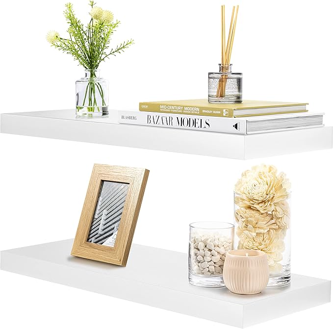 Sorbus Floating Shelves for Wall - 24" Bathroom Shelves, Wall Decor for Bedroom, Kitchen, Living Room, Home Decor & Book Storage - Mounted Floating Shelf with Invisible Brackets (White, 2 Pack)-Ruum Studio Home