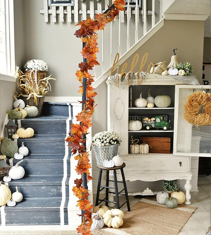 DearHouse 2 Pack Fall Maple Leaf Garland - 5.9Ft/Piece Hanging Vine Artificial Autumn Foliage for Thanksgiving, Home, Wedding, Fireplace, Party, Christmas Decor (Light Orange)-Ruum Studio Home