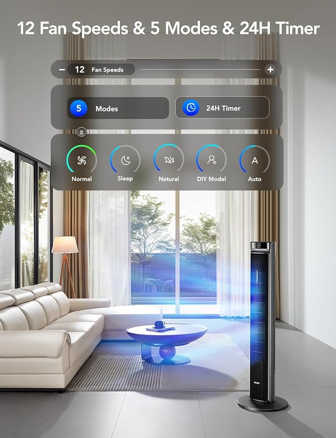 GoveeLife 42'' Tower Fan for Bedroom, Smart Floor Fans with 150° Adjustable Oscillating, APP & Voice Control, 5 Modes 12 Speeds up to 26ft/s, 24H Timer, 27dB Quiet Fan for Cooling Home Office Silver-Ruum Studio Home