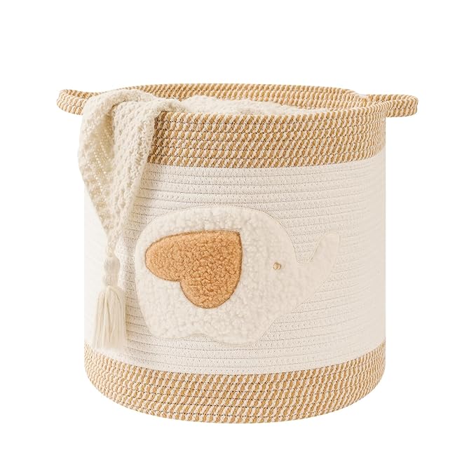 Large Blanket Baskets for Living Room Decor, Toy Storage Baskets Woven Cotton Rope Storage Basket for Kids, Dog Toys Organizer Clothes Hamper with Embroidery Decor for NurseryLaundry (Large, Elephant)-Ruum Studio Home
