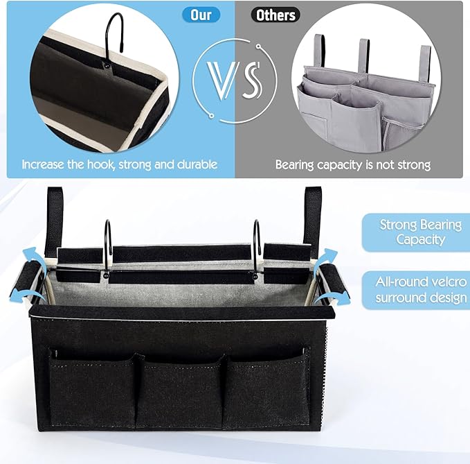 Bedside Storage Caddy/Bedside Hanging Storage Bag for Headboards Bunk Beds Dorm Rooms Book Phone Magazine Holder (New Black)-Ruum Studio Home