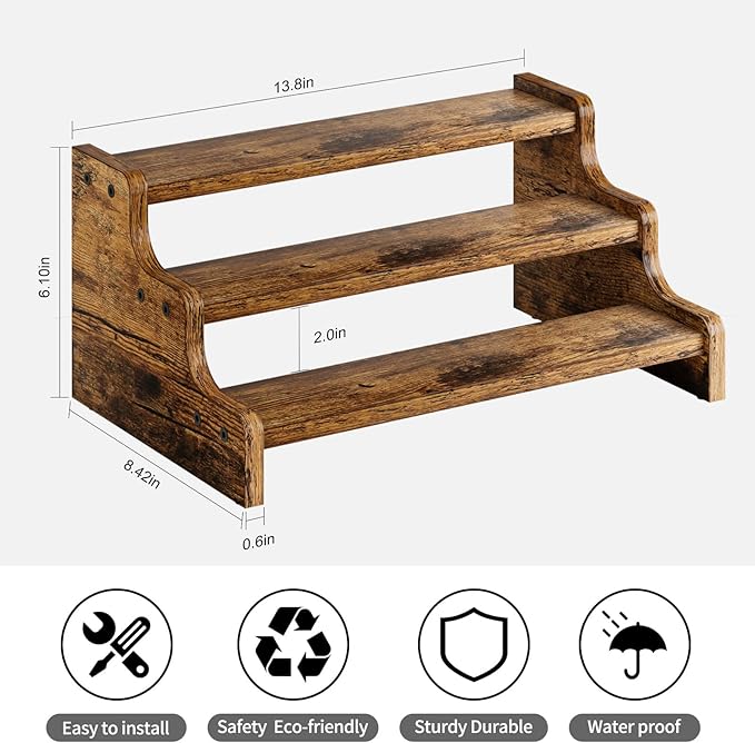KLM 3-Tier Spice Rack, 13.8 Inch Wood Step Shelf Countertop Spice Storage Holder, Kitchen Pantry Cabinet Organizer Cupboard for Spice Bottles, Jars, Seasonings, Baking Supplies,Bathroom Organizer-Ruum Studio Home