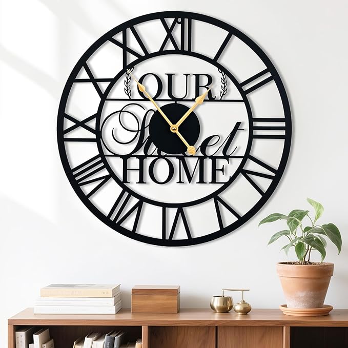 LBC.JzJu24inches/60cm Large Wall Clocks Battery Powered No Ticking Silent Round Black Modern Unique Metal Wall Clocks Suitable Living Room Kitchen Bedroom Fireplace Office Farmhouse。-Ruum Studio Home