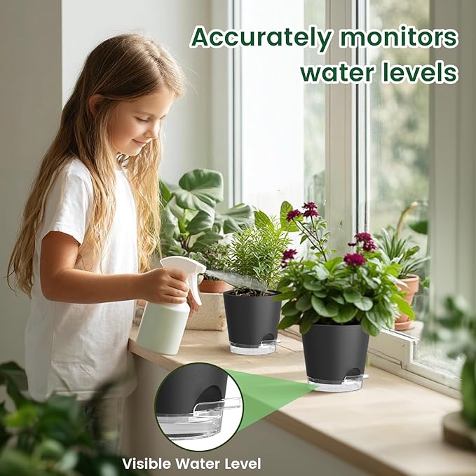4 inch Self Watering Pots for Indoor Plants, 5 Pack Small Flower Plant Pots with Drainage Holes and Clear Reservoirs, Visible Water Level, Plastic Planters with Wicking Rope, Black-Ruum Studio Home