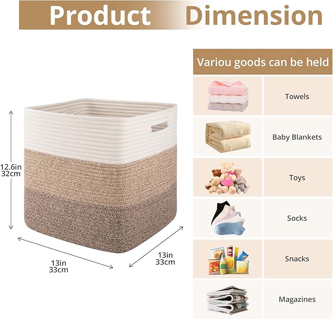 OIAHOMY 13 Kallax Inch Cube Storage Bins, 3-Pack Cotton Rope Woven Baskets for Organizing, Kallax Insert Storage Baskets for Shelves, Baby Nursery, Closet Organizer, 13*13*12.6IN, Gradient Brown-Ruum Studio Home