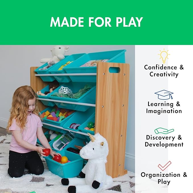 Humble Crew Kids Toy Storage Organizer with 12 Plastic Bins, Natural Wood/Aqua – Removable Bins for Playroom, Bedroom, Toddler Furniture for Boys and Girls Ages-Ruum Studio Home
