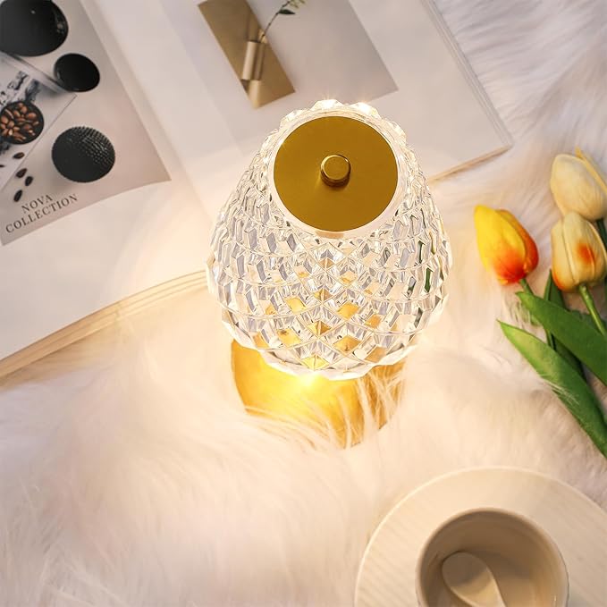 Liliful 2 Pcs LED Portable Cordless Table Lamp Touch Battery Operated Rechargeable Desk Lamp 3 Color Dimmable for Bedroom Living Room Dining (Diamond Style,Gold)-Ruum Studio Home