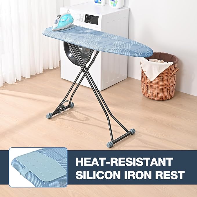 APEXCHASER Ironing Board with Iron Rest, Compact and Space Saver Iron Board, Extra Thick Cover, Height Adjustable, Wall Mount & Closet Hanger 13x43 Blue-Ruum Studio Home