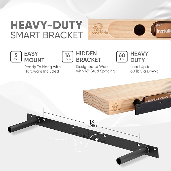 Homeforia Black Floating Shelves 30 inches Long, High End Solid Real Wood 30 inch Floating Shelf for Wall Mounted, Black Wooden 30in Floating Shelves, Heavy Duty Bracket, 30 X 6.5 X 1.75 in, Set of 2-Ruum Studio Home
