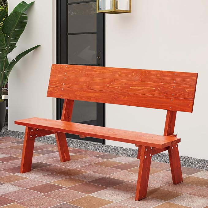 AVAWING Outdoor Convertible Wood Bench with Backrest, Patio Wood Convert a Bench, Space-Saving 2-in-1 Picnic Table Chairs Set for Backyard, Porch, Patio, Garden, Tangerine-Ruum Studio Home