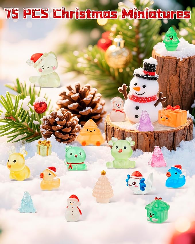75 Pcs Miniature Christmas Figurines - Luminous Mini Resin Figures to Hide, Glow in The Dark Resin Animals for Micro Landscape Aquarium Fairy Garden Dollhouse Decor-Ruum Studio Home