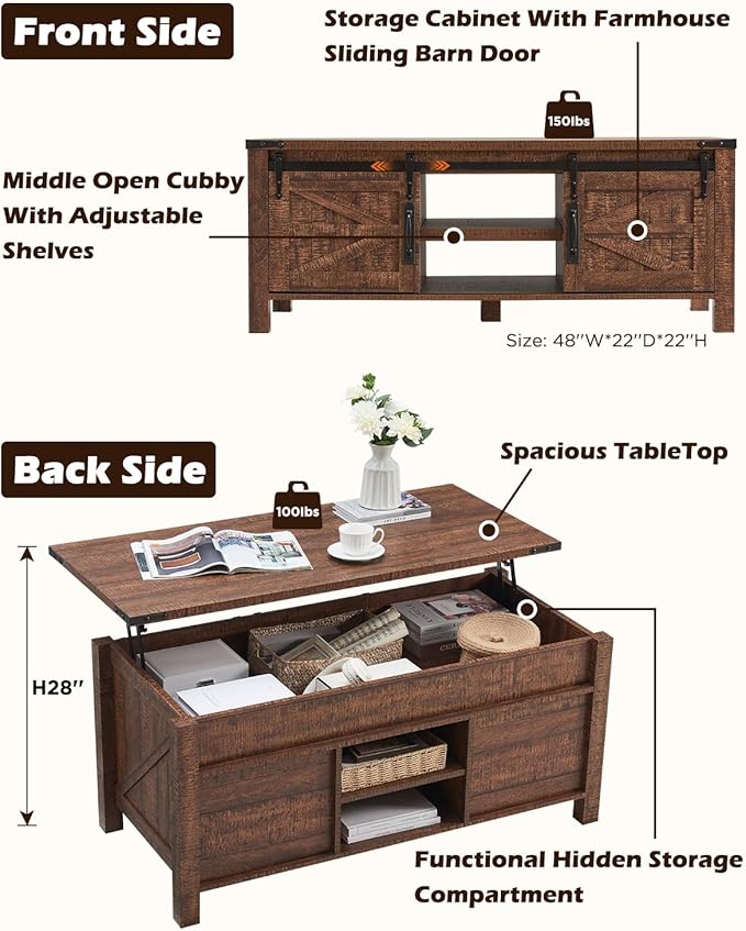 OKD 48" Farmhouse Lift Top Coffee Table with Sliding Barn Door,Rustic Center Table with Hidden Storage Compartment,Lifting Tabletop and Adjustable Shelf for Living Room,Office,Reclaimed Barnwood-Ruum Studio Home