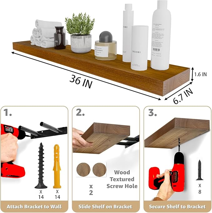 IAE Walnut Floating Wall Shelves 36 inch, Bathroom Shelves Wall Mounted,Invisible Shelves Floating Kitchen Shelves,Wooden Wall Shelves with Brackets for Living Room Wall Mounted,Easy Install,Set of 2-Ruum Studio Home