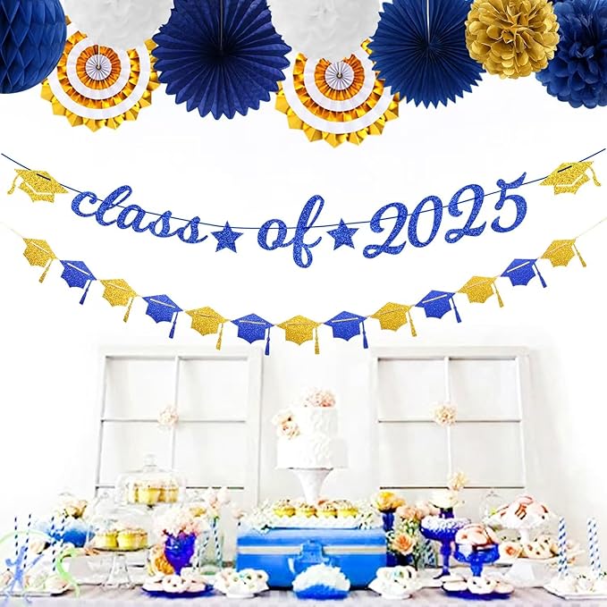 Navy-Blue Gold-White Party-Decoration Graduation Banner - 14pcs Kits Cap Garland Streamers, Royal Paper Tissue Pom Poms Flowers Fans Honeycomb,Class Of 2025 College High School Grad Decor Hugfond-Ruum Studio Home
