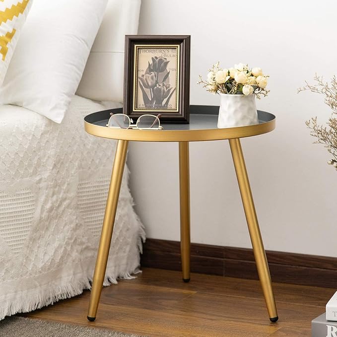 AOJEZOR Side Table: End Table for Indoor Use - Round Side Tables for Small Spaces - Grey Top 3 Legged Gold-Ruum Studio Home