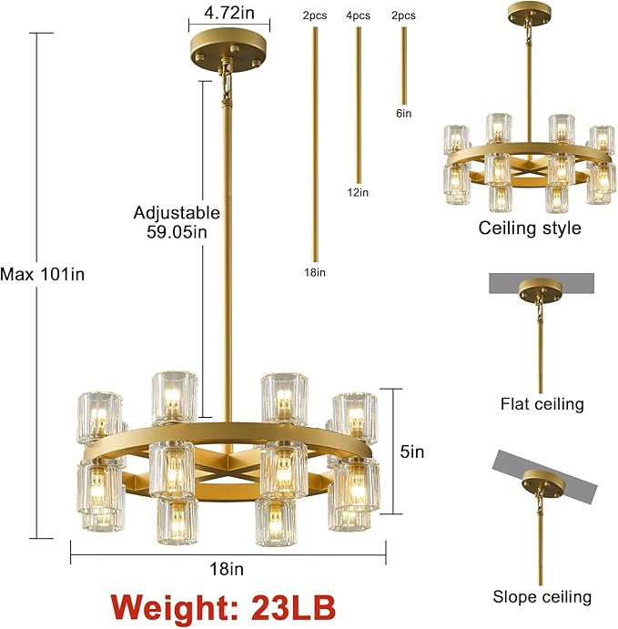 Gold Chandelier Light Fixture Kitchen and Dining, 16-Lights Modern Chandeliers for Dining Room, 18" Farmhouse Kitchen Pendant Lights Over Table, Crystal Wagon Wheel Chandelier(Bulbs Included)-Ruum Studio Home