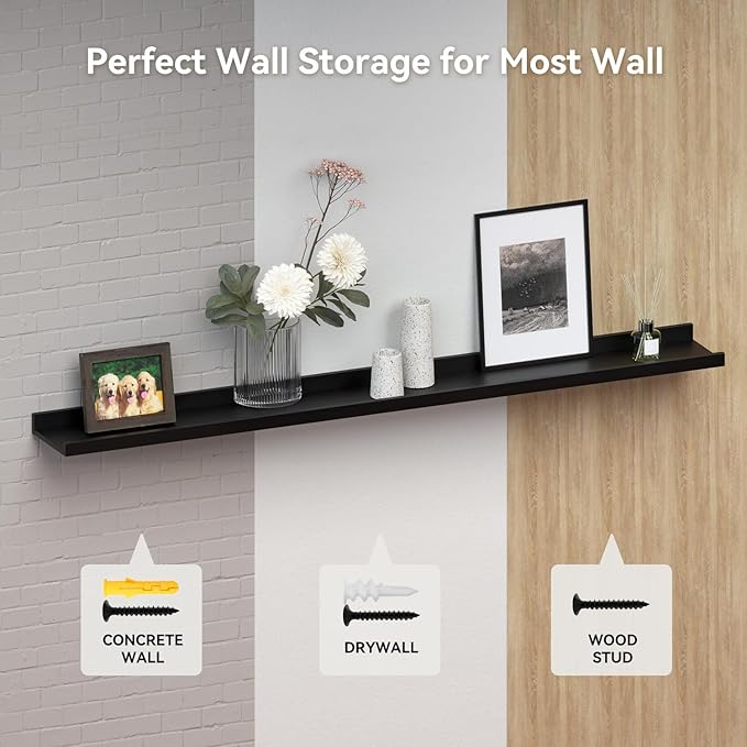RICHER HOUSE 3 Set Floating Shelves for Wall, Black Wall Mounted Shelves with Lip for Storage, Display Picture Ledge Shelf for Bedroom Bathroom Kitchen Living Room Decor, Modern Black-Ruum Studio Home