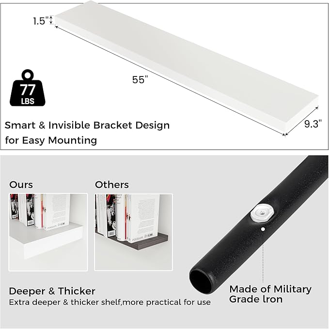 Floating Shelves for Wall, Large Wall Mounted Shelves with Invisible Brackets, Long Wood Floating Shelf for Living Room, Bedroom, Kitchen, (White, 55" W x 9" D x 1.5" H)-Ruum Studio Home