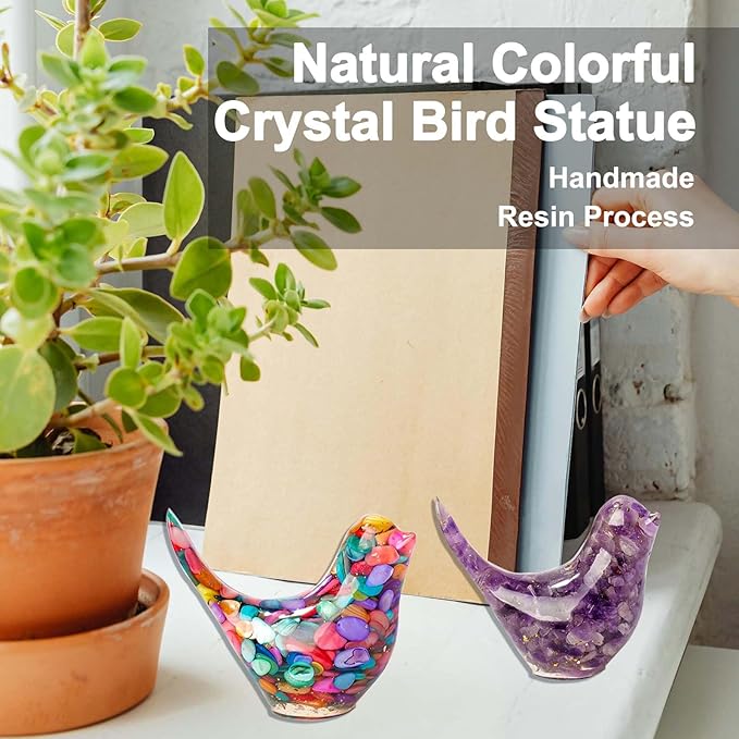 Crystal Bird Figurines, Resin Animal Statues, Miniature Decorative Gravel Birds, Home Decor (2PCS-Purple+Colorful)-Ruum Studio Home