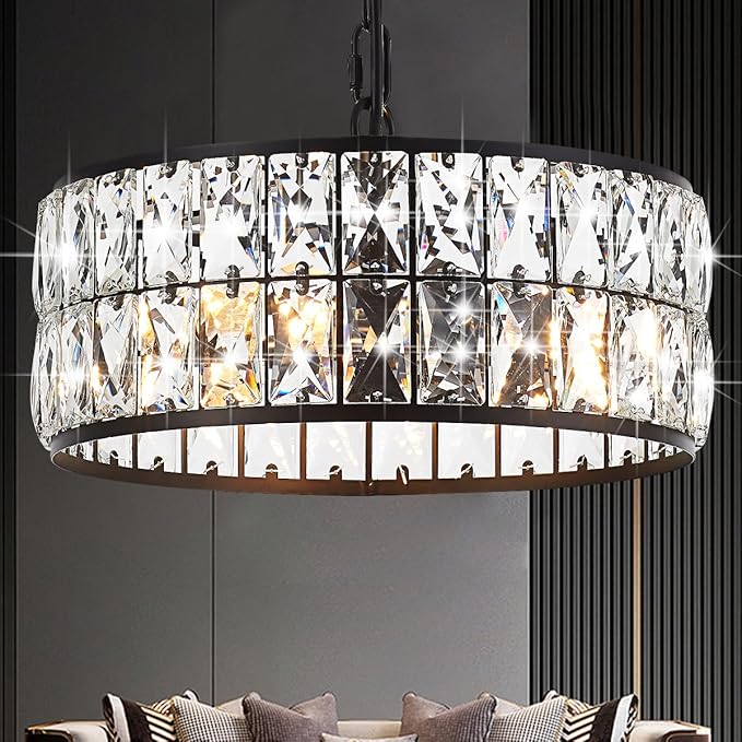 12” 3-Light Modern Crystal Chandeliers Black Dinning Room Light Fixture, Round Pendant Light Kitchen Island Chandelier, Flush Mount Ceiling Light for Living Room Entryway Bedroom Foyer-Ruum Studio Home