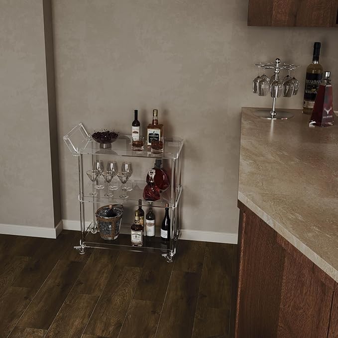 HMYHUM Acrylic Bar Cart with 4 Lockable Wheels, 30.5" L x 15.2" W x 34.5" H, Rolling Serving Cart for The Home Bar, Kitchen, Living Room, with Pulling Handle, Modern, 3-Tier, Clear-Ruum Studio Home
